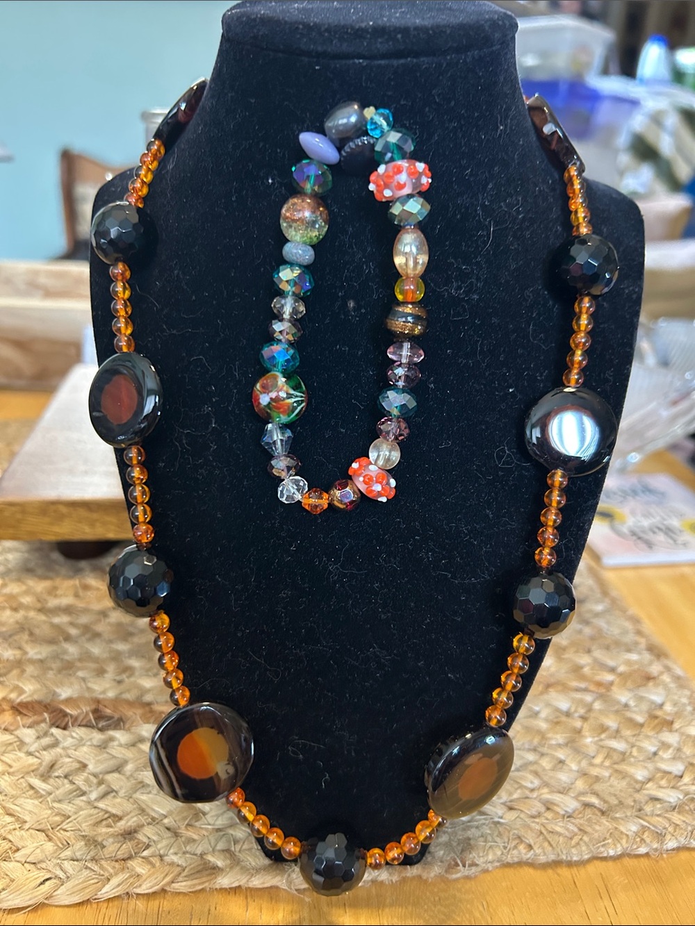 Handcrafted Amber/Orange & Black Bead Necklace and Bracelet Set